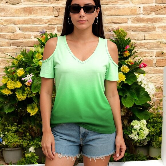 🆕 Cold Shoulder Ombre Green Summer T-Shirt XL Casual Vibes Trendy Vacation Tee - Picture 7 of 8